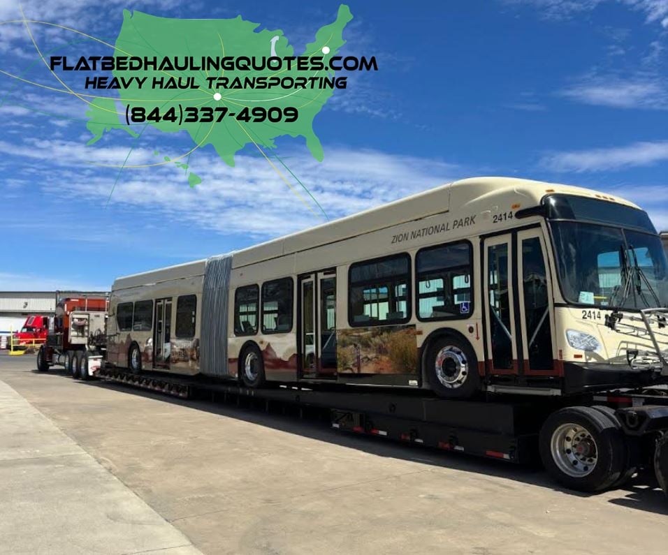 MOVING OVERSIZE BUSES ON A FLATBED TRAILER, Equipment hauling, Equipment movers, Flatbed transportation service
